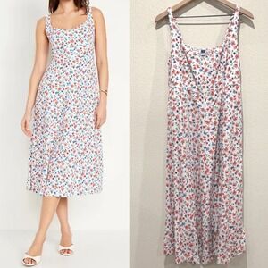 OLD NAVY Women Floral Linen Blend Midi Dress Size M Smocked Back Pockets Summer